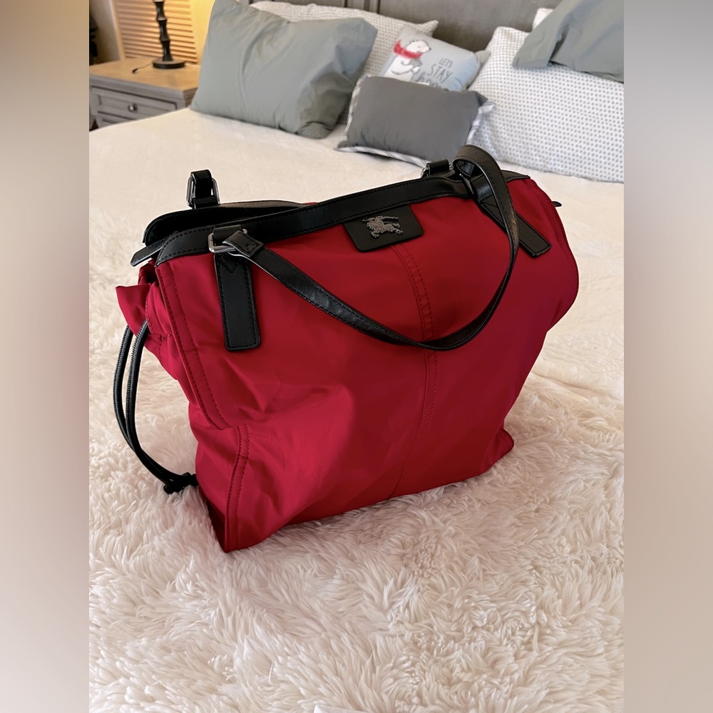 Burberry Buckleigh red nylon tote with black leather trim